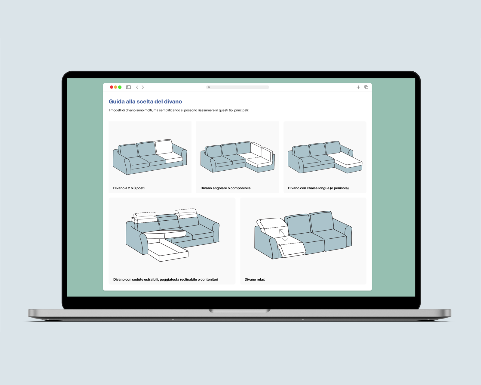 Pagina web con illustrazioni vettoriali che rappresentano diverse tipologie di divani, tra cui modelli lineari, angolari, con chaise longue, sedute estraibili e relax.