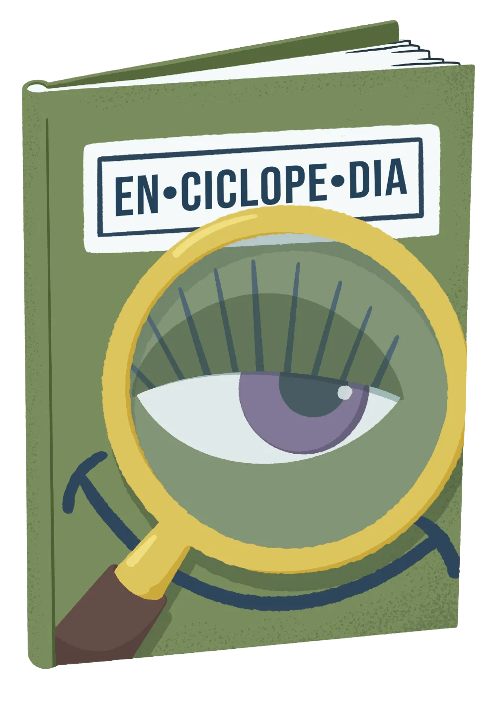 Illustrazione di un libro verde con una lente d’ingrandimento sovrapposta a un grande occhio centrale e la scritta “EN-CICLOPE-DIA”.