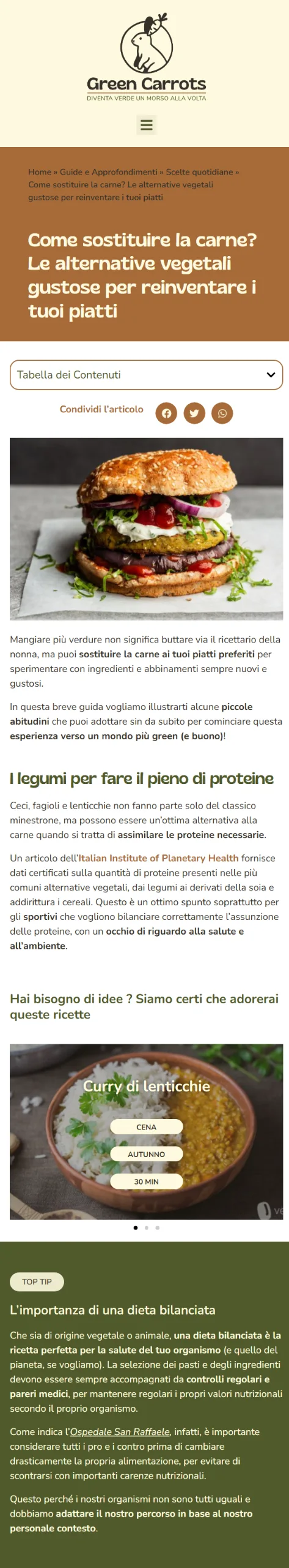 Versione mobile dell’articolo “Come sostituire la carne?” di Green Carrots, progettata per facilitare la navigazione dei contenuti e l’esplorazione delle ricette vegetali.
