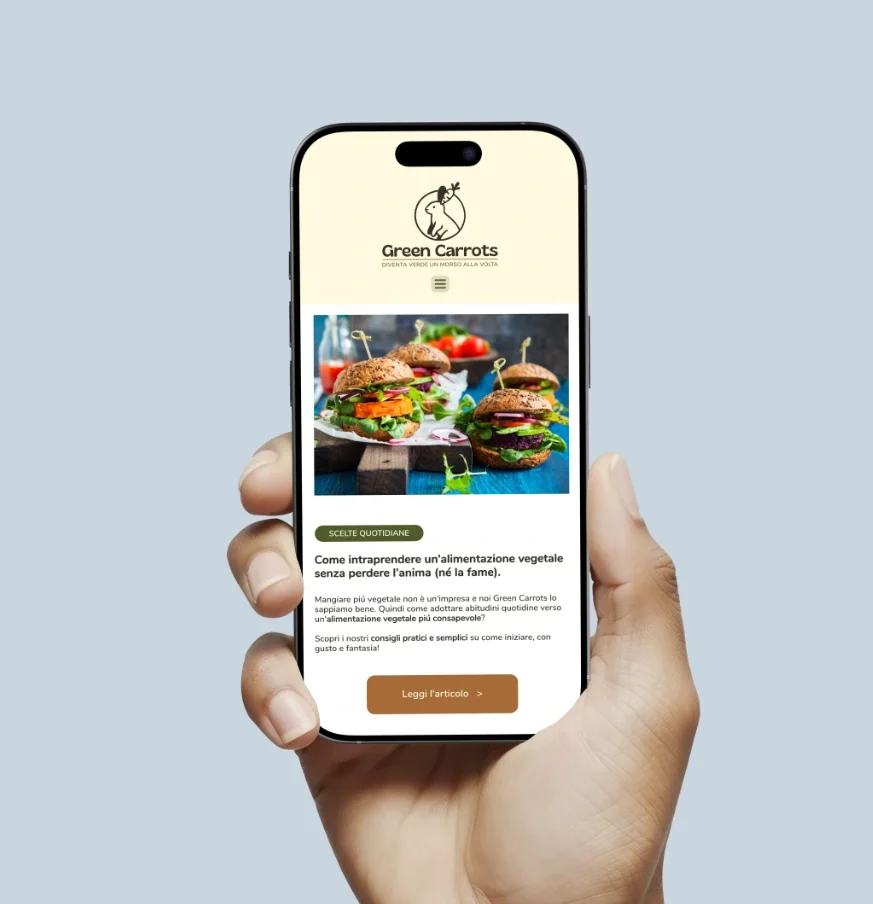 Anteprima su smartphone dell’articolo “Come intraprendere un’alimentazione vegetale senza perdere l’anima” di Green Carrots, con fotografia di mini burger vegetariani.