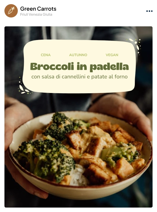 Copertina per il carosello di Instagram di una ricetta vegana autunnale proposta da Green Carrots: foto di un piatto di broccoli in padella con salsa di cannellini e patate al forno.