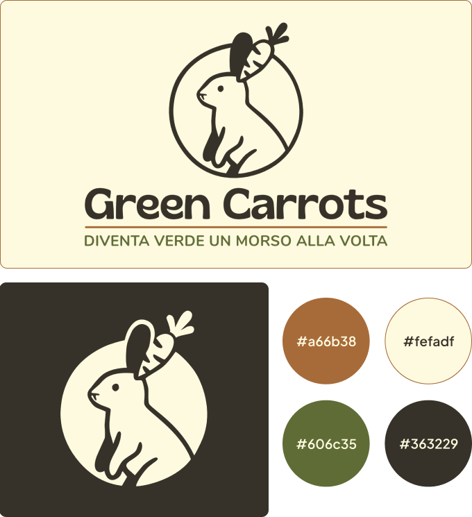 Kit di design per il logo Green Carrots: palette con codici esadecimali, slogan “diventa verde un morso alla volta” e logo in positivo e in negativo raffigurante un coniglio di profilo con una carota come orecchio.
