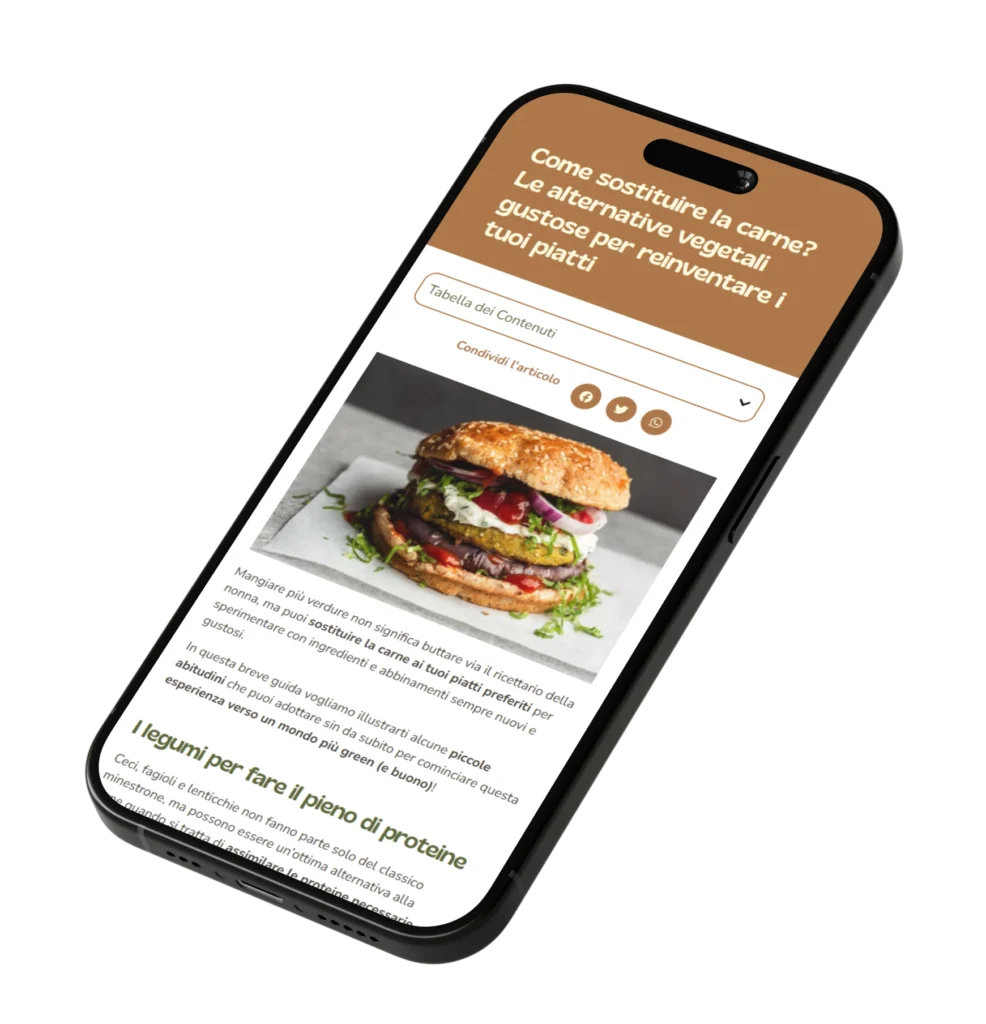 Primo piano schermo smartphone con titolo dell'articolo di Green Carrots "Come sostituire la carne: le alternative vegetali gustose per reinventare i tuoi piatti" e foto di un grande burger plant-based.