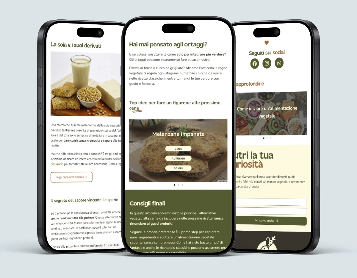 Design responsive del blog Green Carrots, con articoli dedicati alla cucina vegetale e consigli per un’alimentazione consapevole.