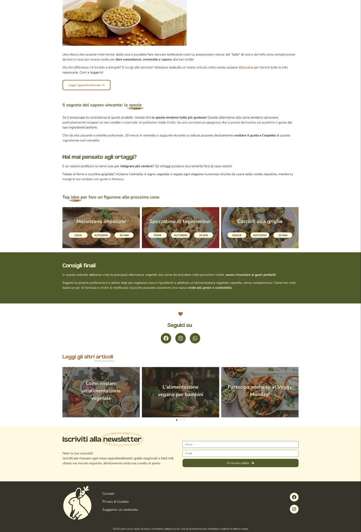 Screenshot desktop della pagina web dell'articolo “Come sostituire la carne?” di Green Carrots: include link agli articoli, icone social, sezione di iscrizione alla newsletter e footer.