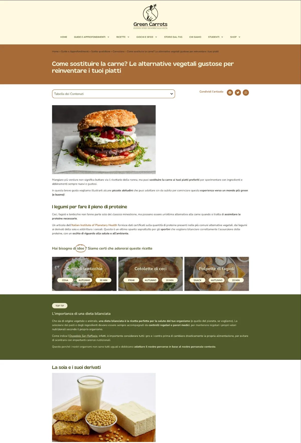 Screenshot desktop della pagina web dell'articolo “Come sostituire la carne?” di Green Carrots: include sezione hero con titolo principale, tabella dei contenuti navigabile e card interattive delle ricette vegetali.
