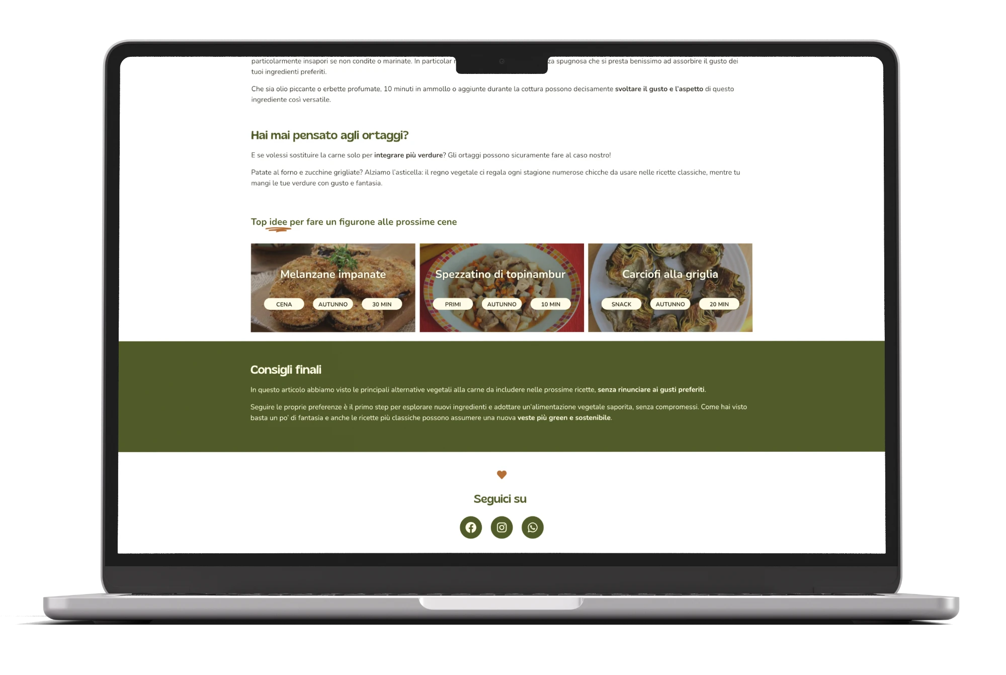 Mockup frontale di un laptop raffigurante mostra la parte conclusiva di una guida sull'alimentazione vegetale di Green Carrots, con card sulle ricette consigliate e la sezione “consigli finali”.