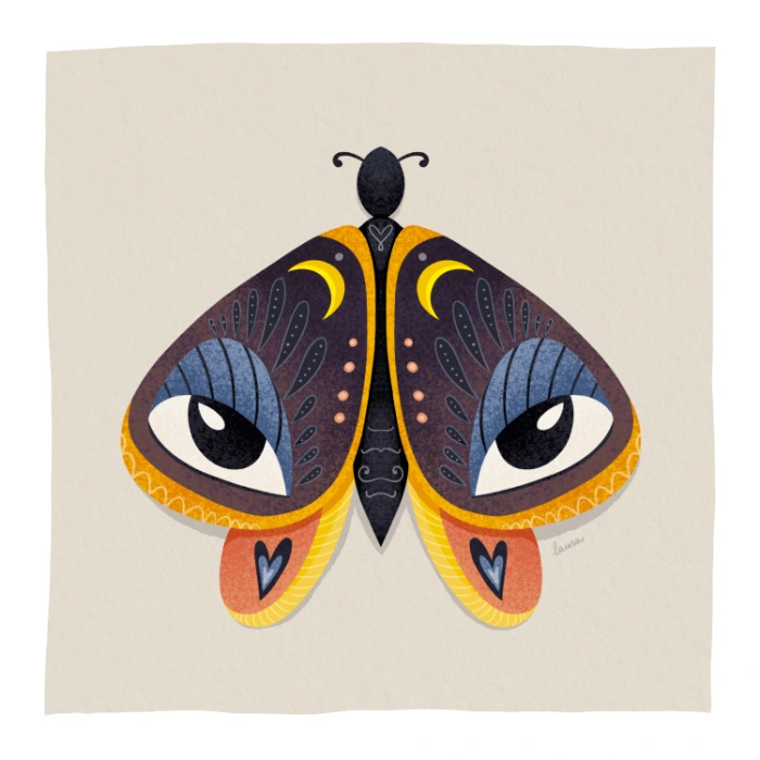 Illustrazione di farfalla colorata con motivi simmetrici e grandi occhi, parte della raccolta Ripostiglio Creativo.