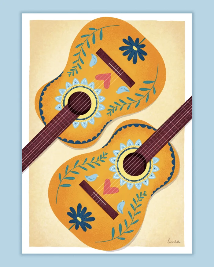 Illustrazione di due chitarre acustiche simmetriche, decorate con motivi floreali, cuori rossi e piccoli uccellini azzurri su sfondo color crema.