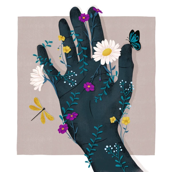 Illustrazione di una mano scura aperta avvolta da fiori e insetti colorati, inserita nella collezione Ripostiglio Creativo.