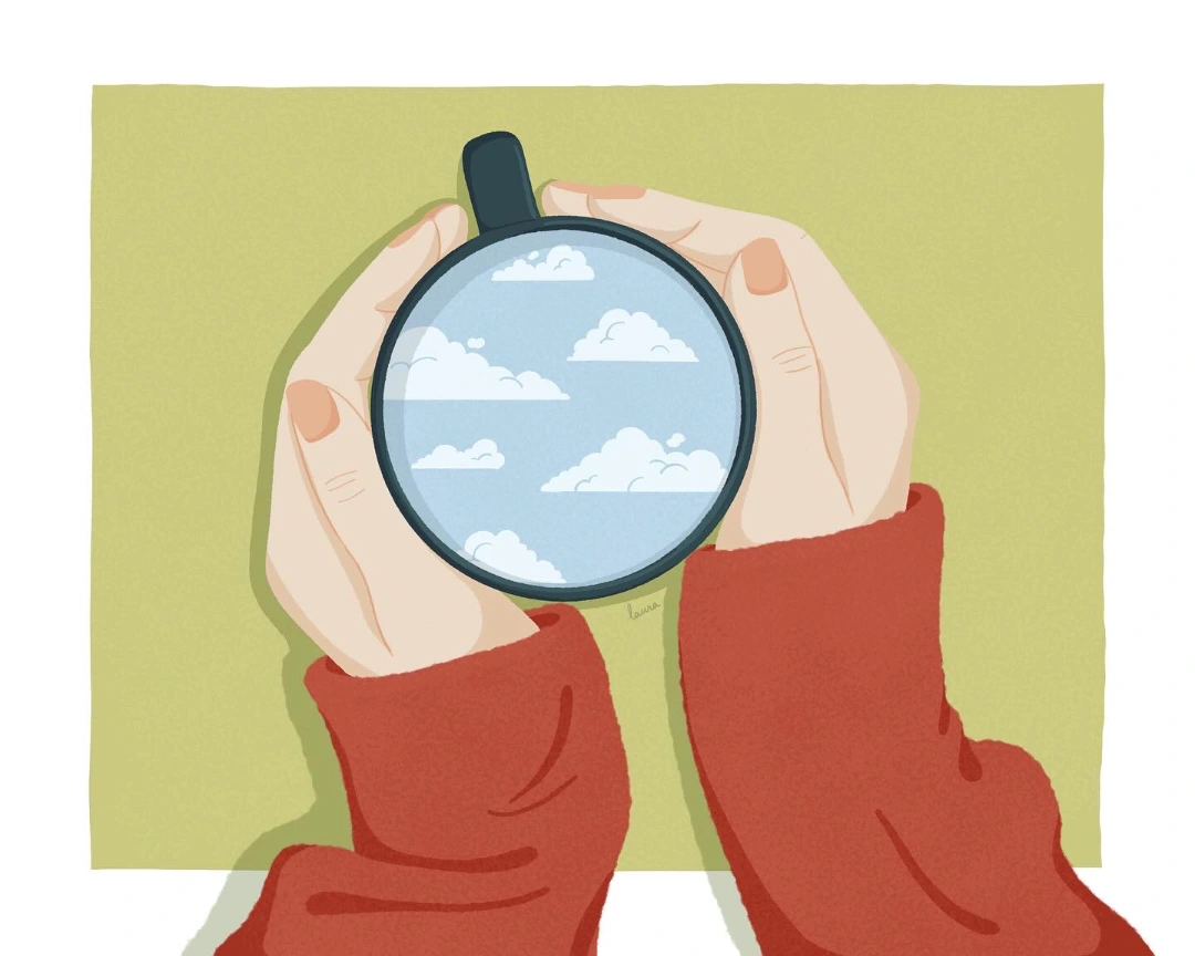 Illustrazione di due mani con maglione rosso viste dall’alto che tengono una tazza con un riflesso di nuvole e cielo azzurro, incluse nella raccolta Ripostiglio Creativo