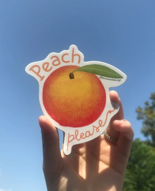 Sticker illustrato reale di una pesca illustrata circondata dal testo "Peach Please"