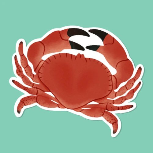 Sticker digitale raffigurante un granchio rosso su fondo azzurro, stile illustrazione pop del progetto Marine vibes