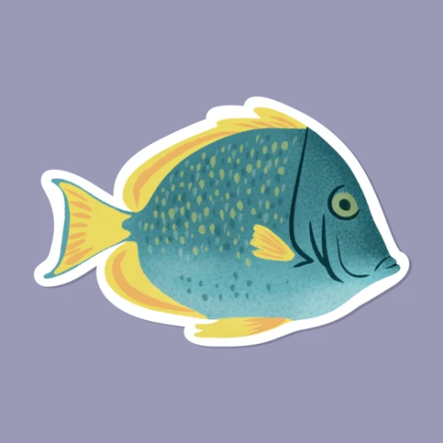 Sticker digitale raffigurante un pesce blu su fondo viola, stile illustrazione pop del progetto Marine vibes