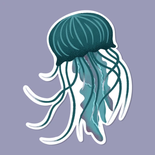 Sticker digitale raffigurante una medusa blu su fondo viola, stile illustrazione pop del progetto Marine vibes