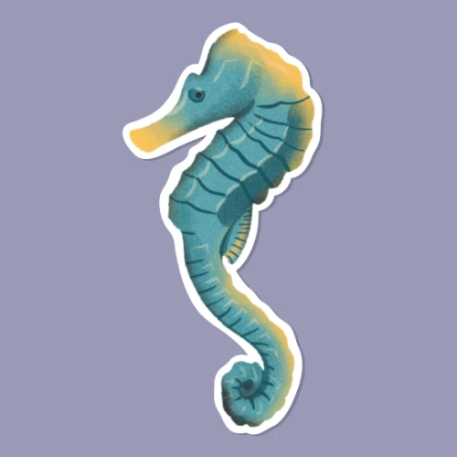 Sticker digitale raffigurante un cavalluccio marino blu su fondo viola, stile illustrazione pop del progetto Marine vibes