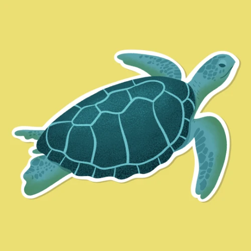 Sticker digitale raffigurante una tartaruga marina blu su fondo giallo, stile illustrazione pop del progetto Marine vibes
