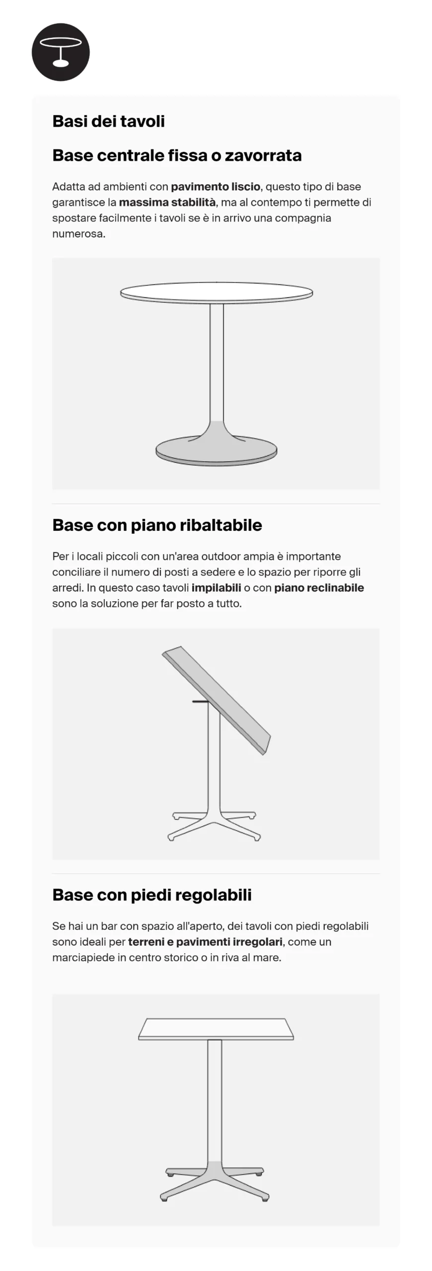 Illustrazioni tecniche di basi per tavoli per il settore arredo contract: base centrale fissa, piano ribaltabile e piedi regolabili.