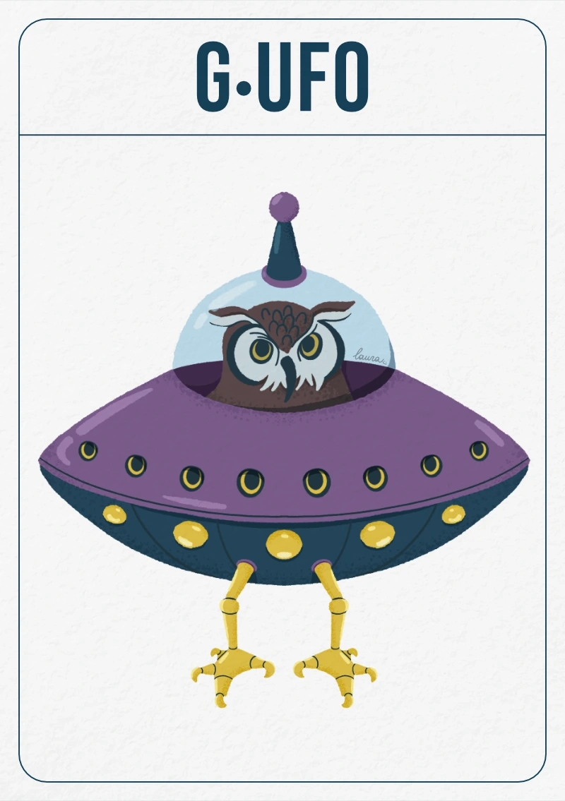 Illustrazione di un gufo dentro a una navicella spaziale extraterrestre e le zampe robotiche, con il gioco di parole “G-UFO”, parte del progetto “En-ciclope-dia”