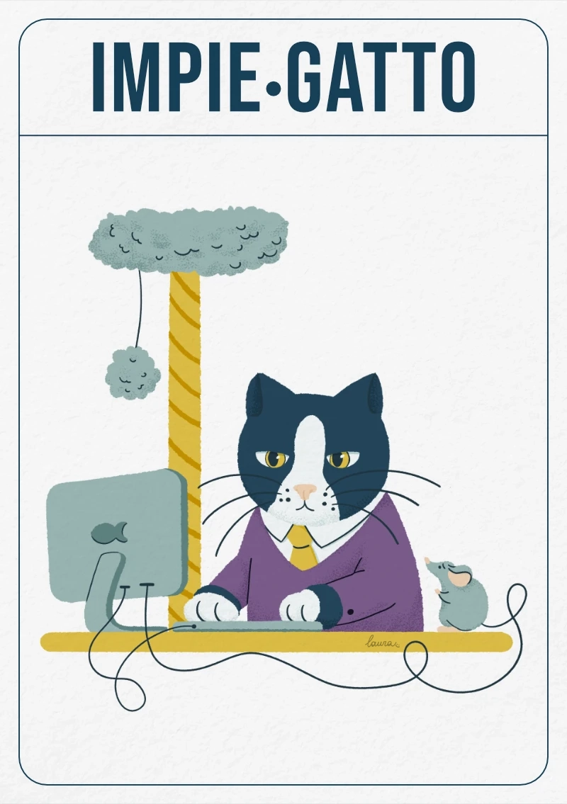 Illustrazione di un gatto al computer con un topo al posto del mouse, con il gioco di parole “IMPIE-GATTO”, parte del progetto “En-ciclope-dia”