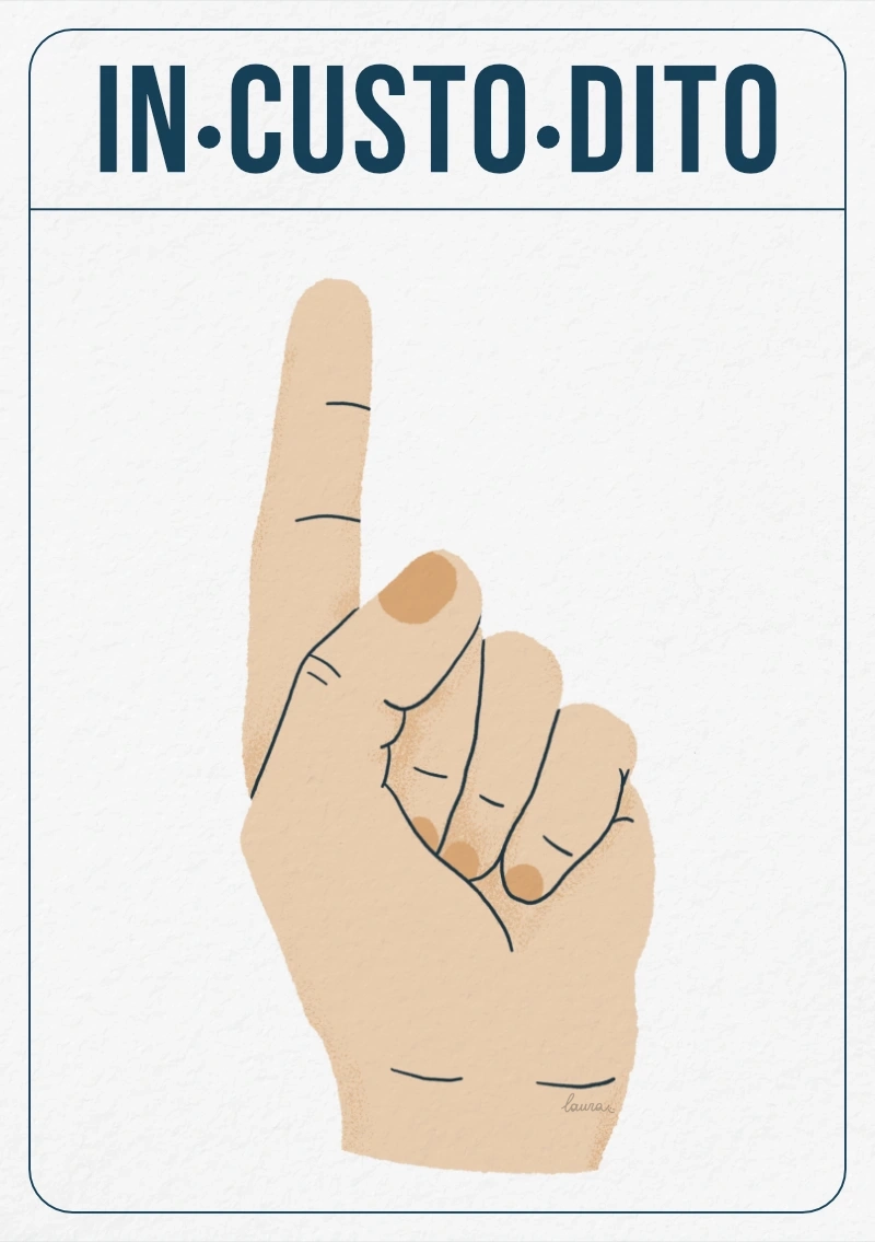 Illustrazione di una mano con l’indice alzato, con il gioco di parole “IN-CUSTO-DITO”, parte del progetto “En-ciclope-dia”