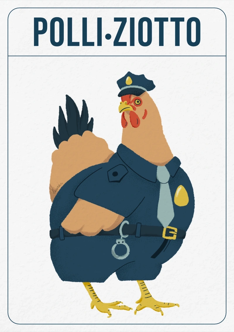 Illustrazione di un pollo vestito da poliziotto con il gioco di parole “POLLI-ZIOTTO”, parte della raccolta “En-ciclope-dia”