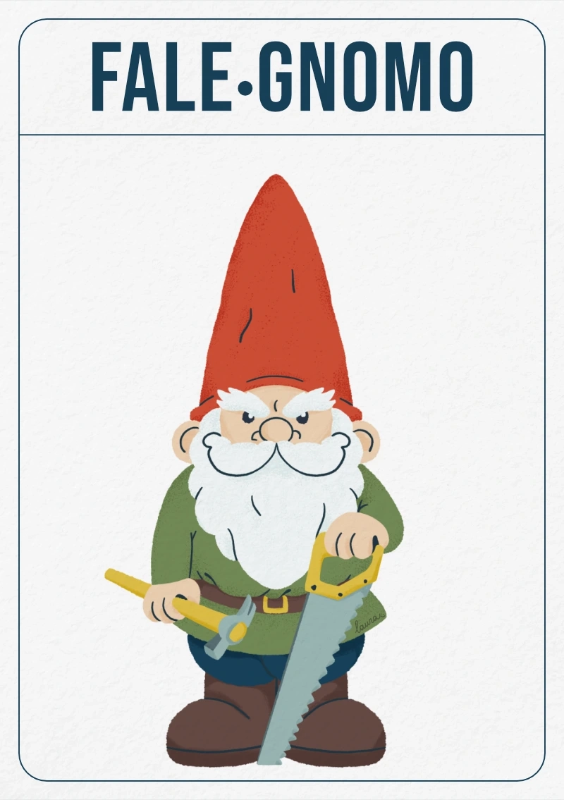 Illustrazione di uno gnomo con attrezzi da falegname con il gioco di parole “FALE-GNOMO”, parte della raccolta “En-ciclope-dia”