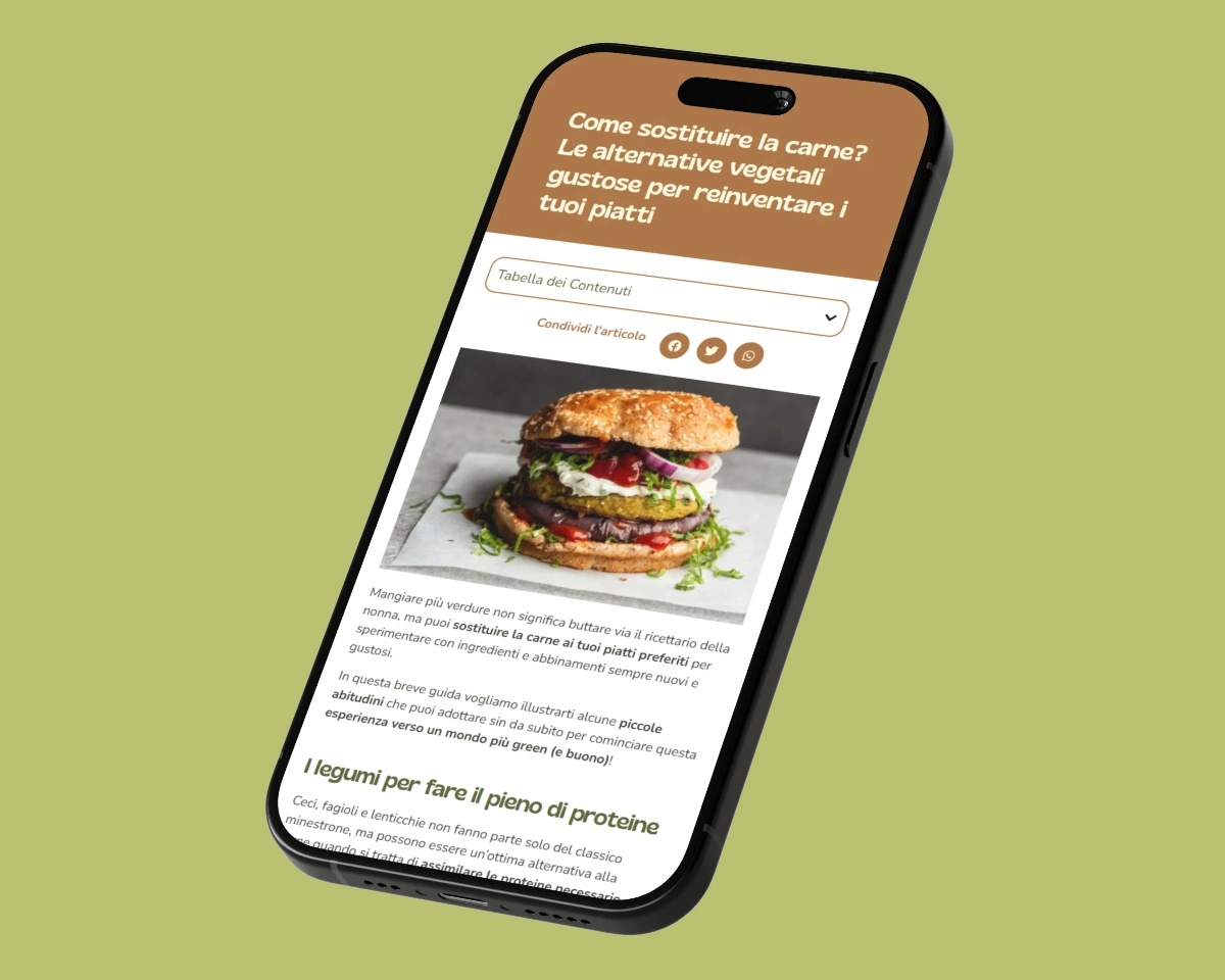 Adattamento responsive dell’articolo “Come sostituire la carne: le alternative vegetali gustose per reinventare i tuoi piatti” di Green Carrots al formato mobile.