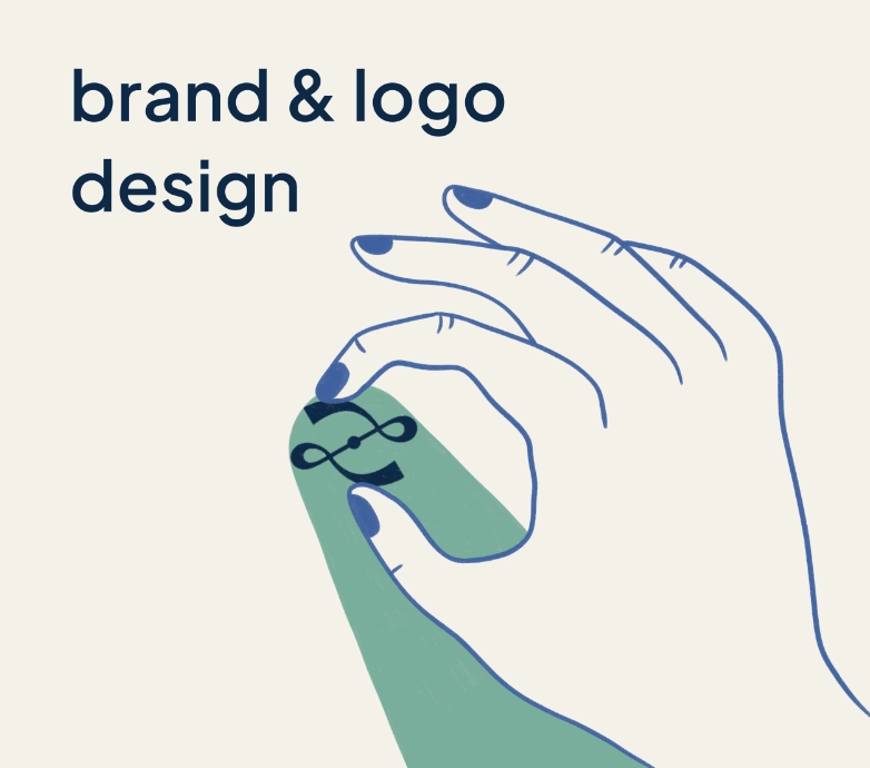 Illustrazione in stile flat design con testo "branding & logo design" e una mano che regge l'icona monogramma di Laura Zanda