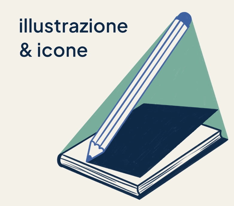 Illustrazione in stile flat design con matita che disegna un notebook e scritta "illustrazione & icone" su sfondo crema