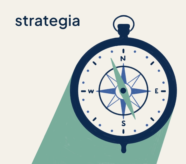 Illustrazione in stile flat design che mostra una bussola in colore blu, affiancata dal testo "strategia" su sfondo crema