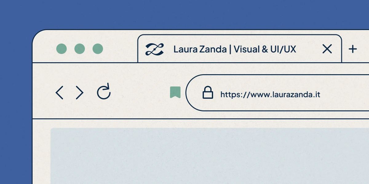 Mockup lineare di una pagina browser con la tab aperta sul portfolio online di Laura Zanda, raffigurante la favicon del logo nella versione blu navy