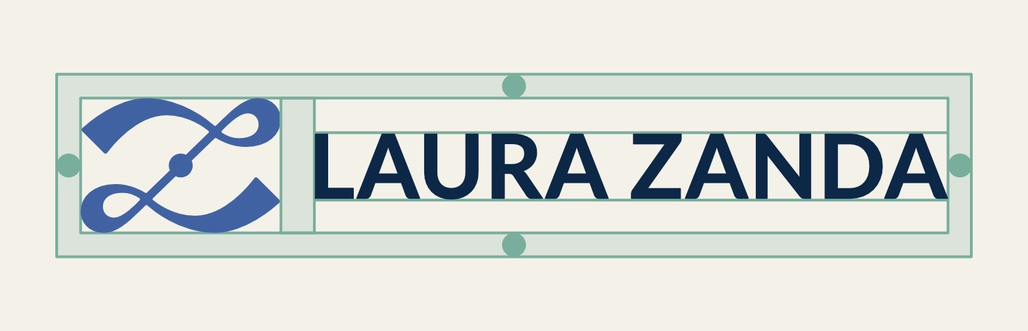 Studio delle proporzioni e area di rispetto del logo di Laura Zanda con naming, in una gabbia spessa quanto il cerchio centrale del logo.