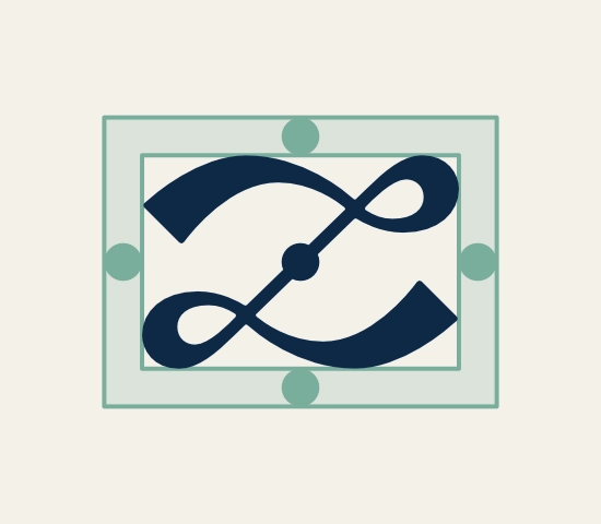 Studio delle proporzioni e dell’area di rispetto del logo Laura Zanda, con il monogramma LZ inserito in una gabbia modulare e lo spazio di rispetto definito dallo spessore del pallino interno.