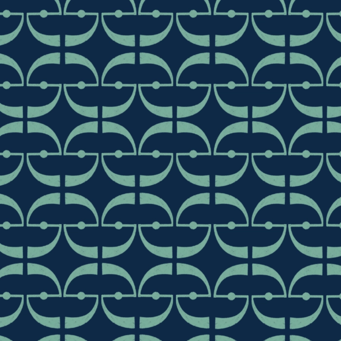 Pattern grafico derivato dalle forme secondarie delle terminazioni del monogramma di Laura Zanda., applicato in verde acqua su sfondo blu navy