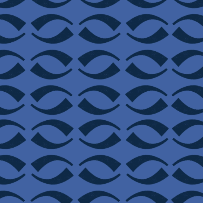 Pattern grafico derivato dalle forme secondarie delle terminazioni del monogramma principale, applicato in blu navy su sfondo azzurro.