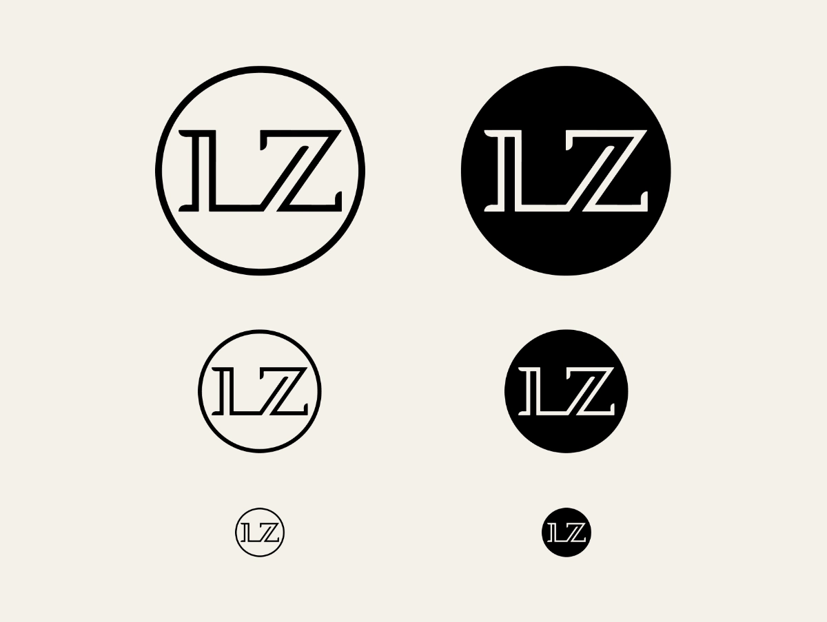 Vecchio logo monogramma di Laura Zanda, mostrato in diverse dimensioni e varianti cromatiche (positivo/negativo) per testarne la scalabilità. Il design geometrico e minimalista utilizza linee parallele e continue per comporre le lettere LZ, con terminazioni curve, all'interno di un cerchio.