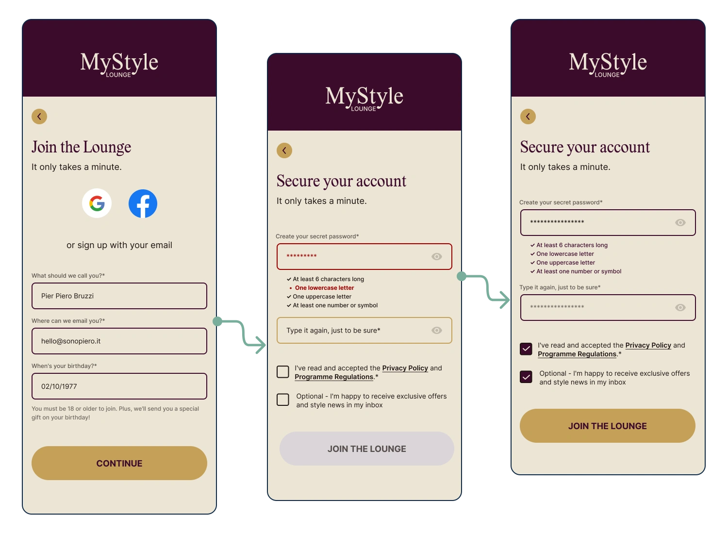 Proposta di redesign del processo di registrazione che mostra la gestione di un errore relativo ai requisiti della password.