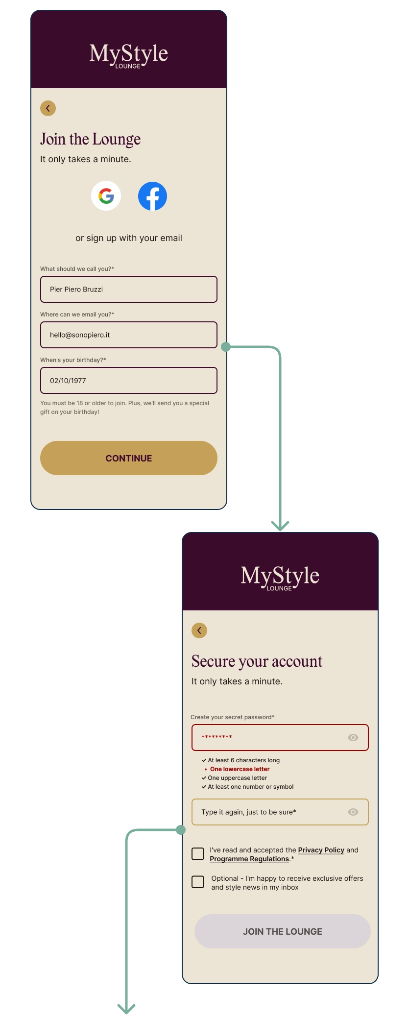Proposta di redesign del processo di registrazione, con anteprima di un errore relativo ai requisiti per l’impostazione della password.