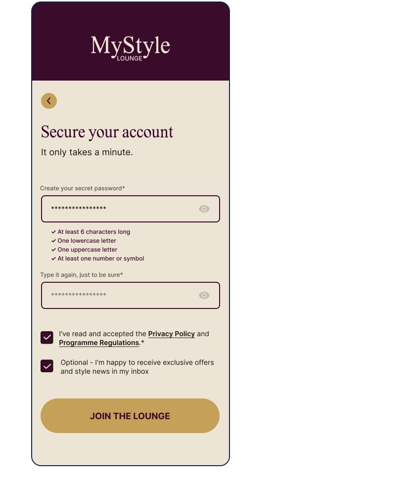 Proposta di redesign per la registrazione utente con anteprima della check-list dei requisiti per la password.