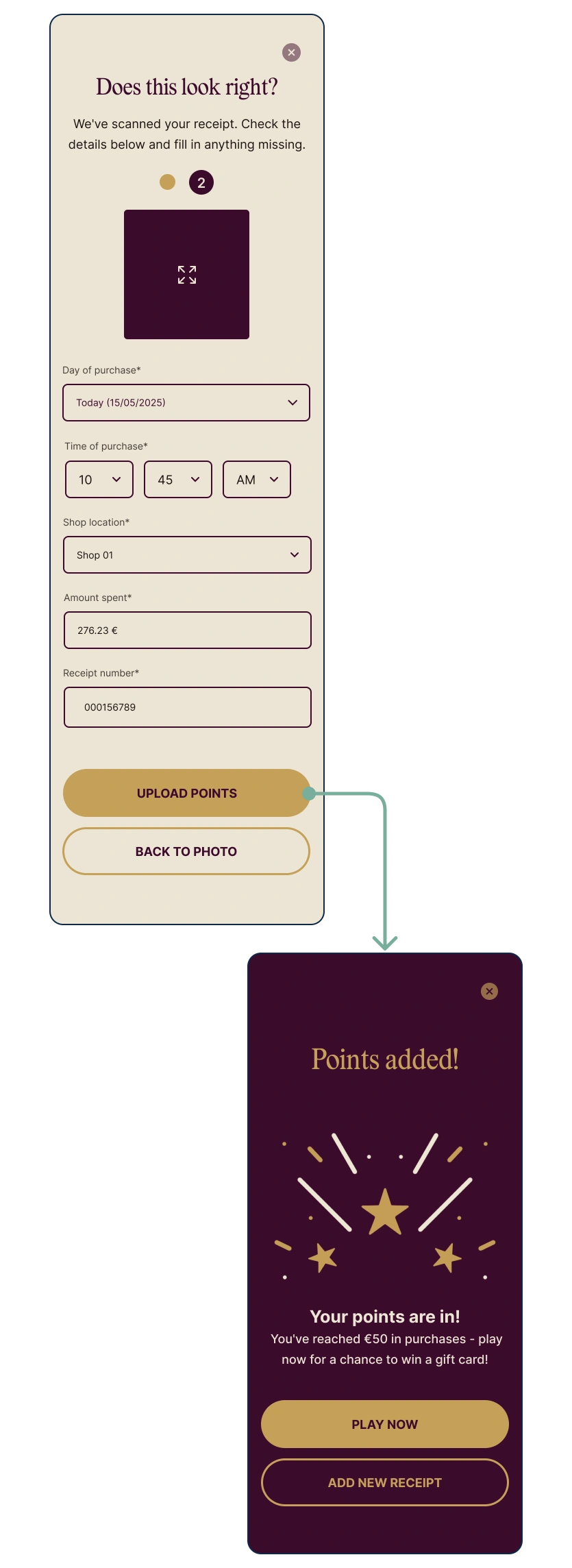 Nuova proposta progettuale dell'app fidelity: flusso con dati dello scontrino corretti e schermata di successo caricamento punti istantaneo.