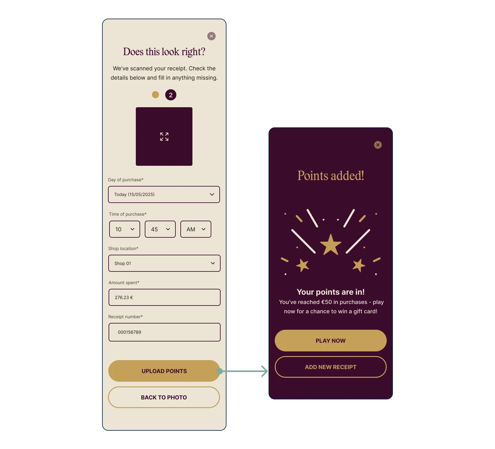Nuova proposta progettuale dell'app fidelity: flusso con dati dello scontrino corretti e schermata di successo caricamento punti istantaneo.