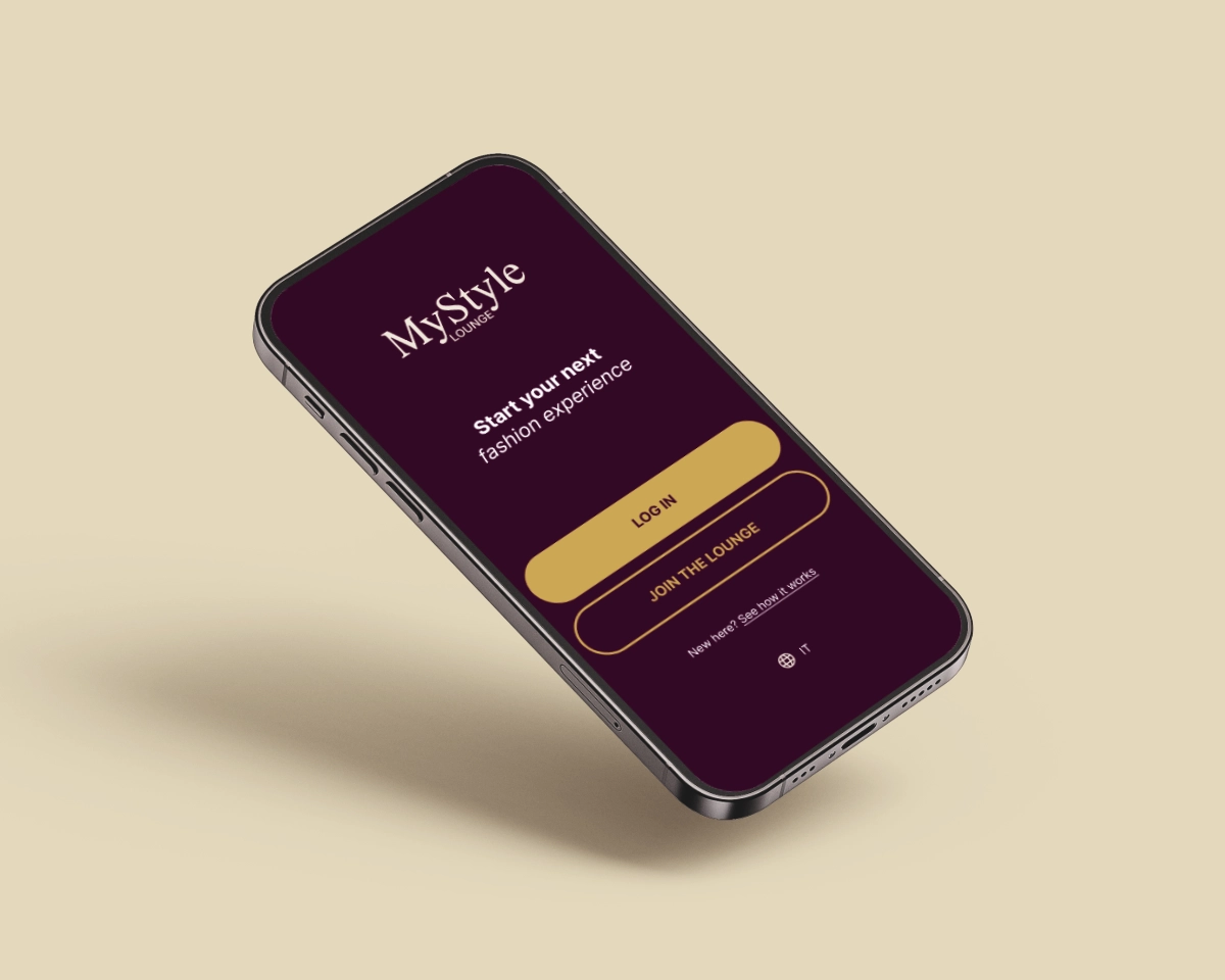 Schermata di benvenuto dell'app fidelity MyStyle Lounge con call to action per l'autenticazione.