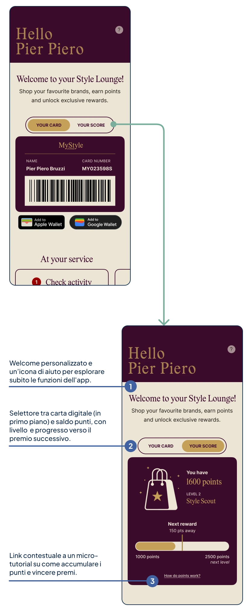 Proposta della dashboard utente con note UX: schermate per visualizzare la carta fedeltà digitale con codice a barre e lo score level con il saldo punti.