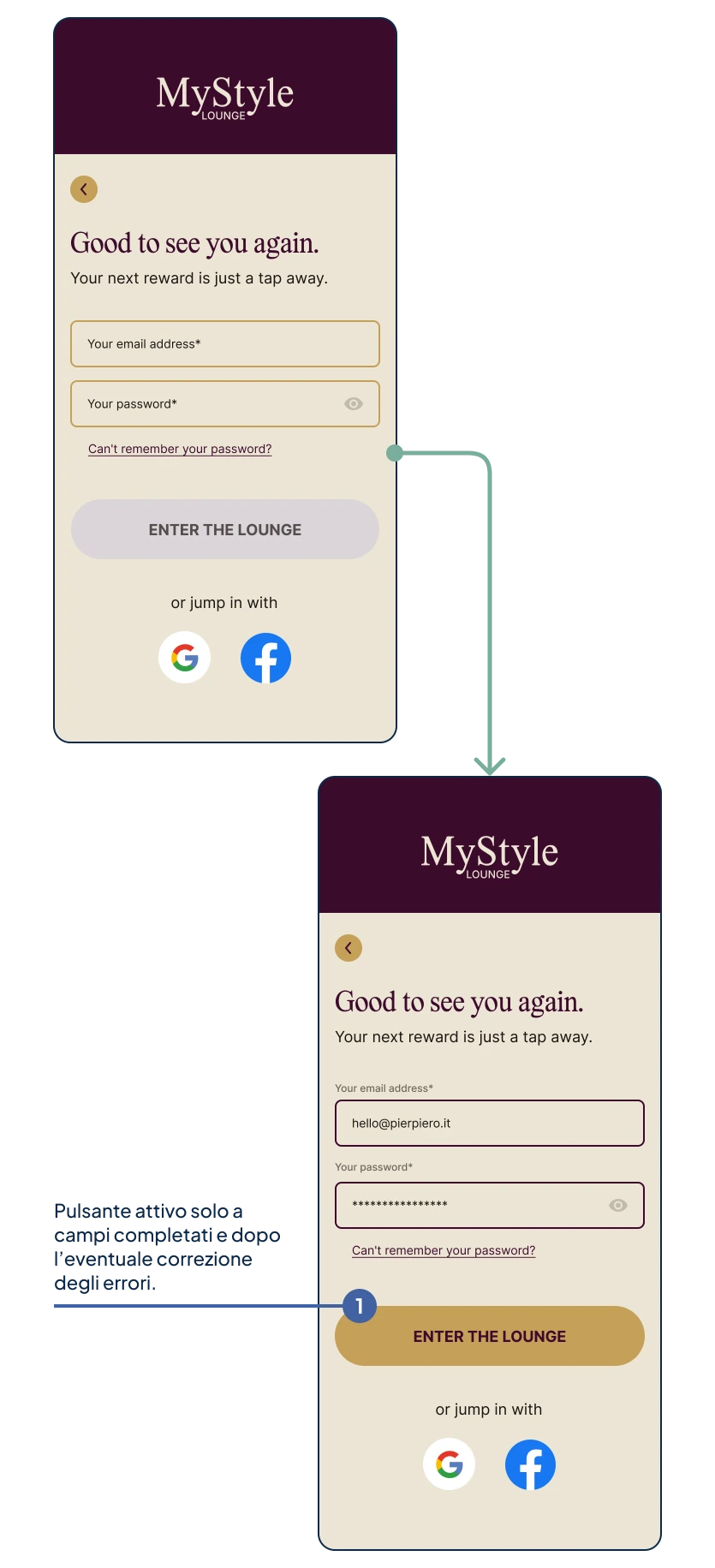 Nuovo flusso di login dell’app fidelity, con schermata di accesso riprogettata e gestione ottimizzata dei campi per l’autenticazione dell’utente.