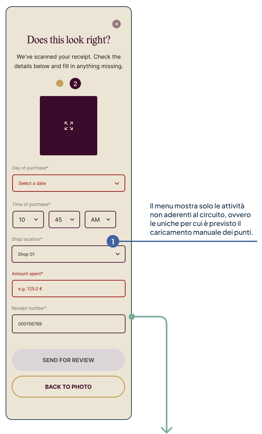 Nuovo concept di design dell’app per la schermata di verifica dello scontrino, con conferma dell’invio alla revisione manuale.