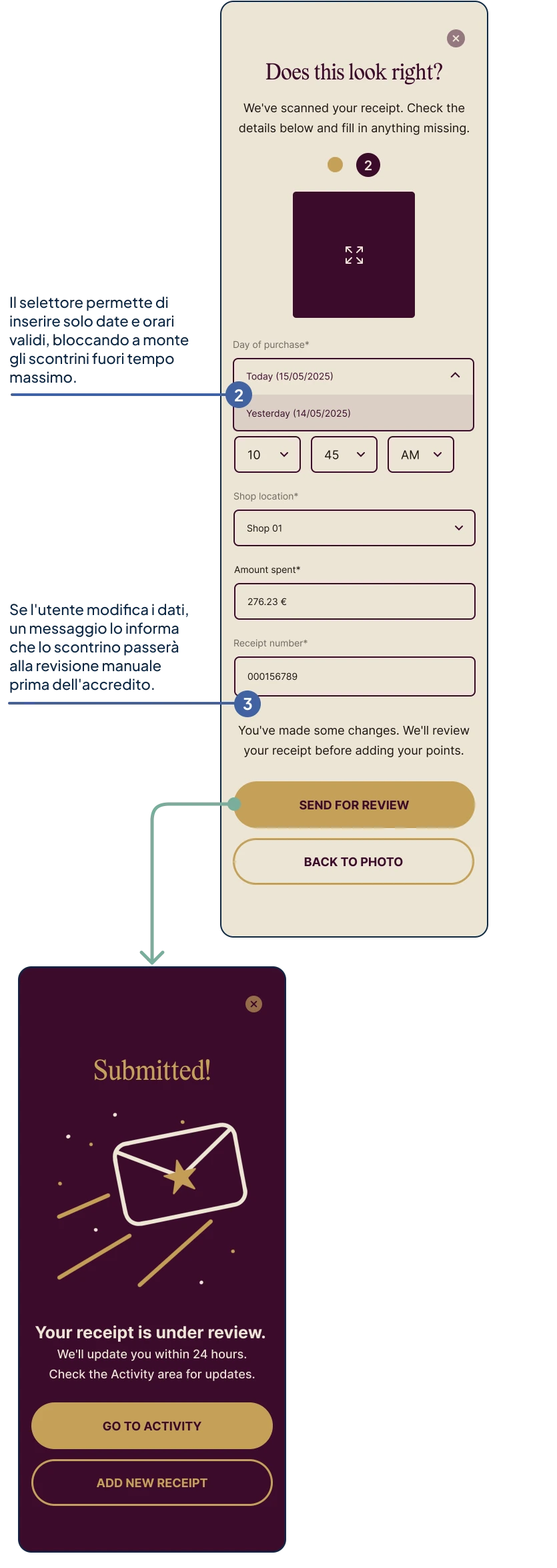 Nuova proposta progettuale dell'app fidelity: flusso con dati dello scontrino caricati e schermata finale di caricamento punti istantaneo.