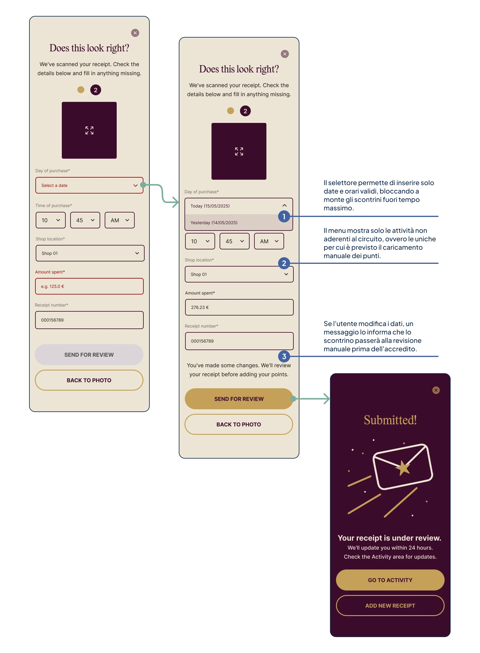 Nuovo concept di design per la schermata di verifica dello scontrino, con possibilità di modificare i dati e confermare l’invio alla revisione manuale.