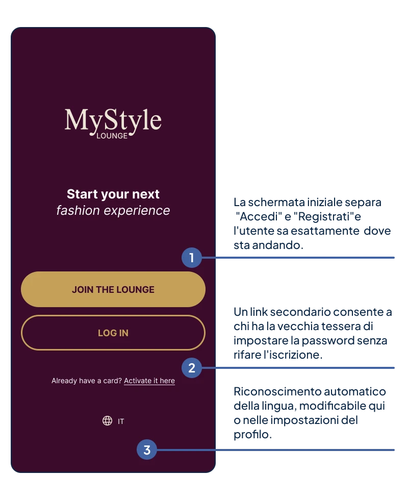 Analisi della nuova landing screen dell’app, progettata per distinguere l’accesso e la registrazione e mantenere un percorso dedicato agli utenti con la vecchia tessera.
