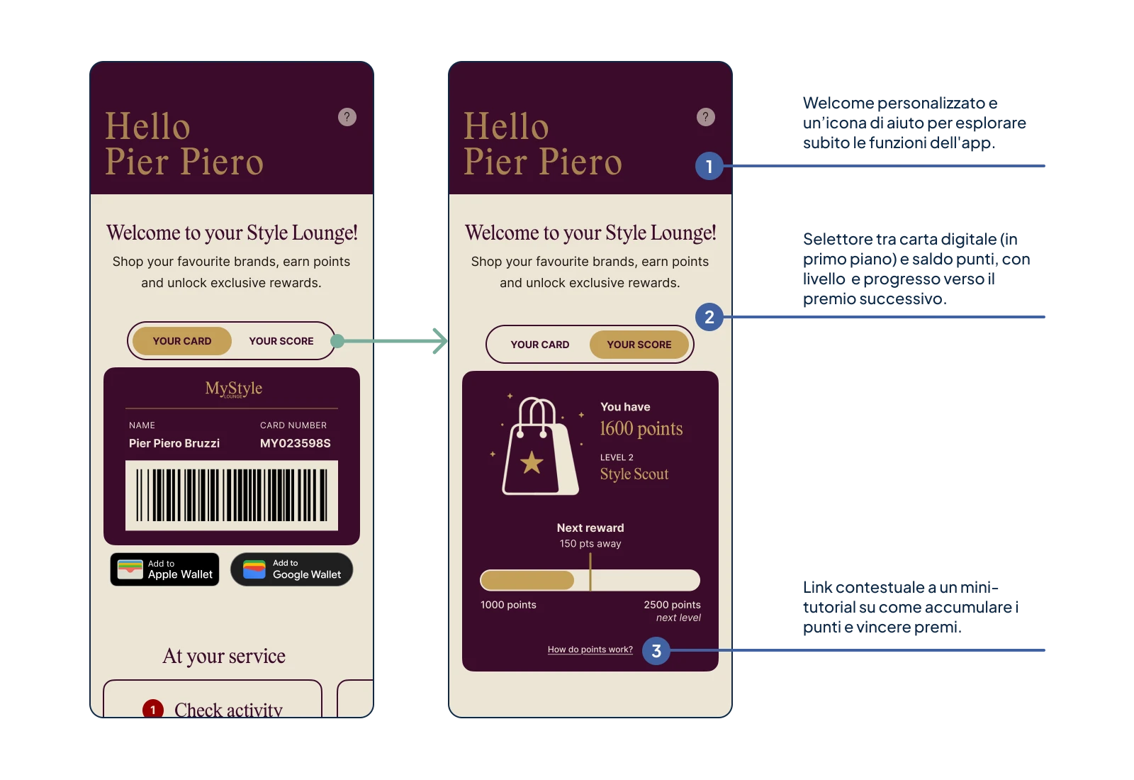 Proposta di redesign della dashboard utente per facilitare l’accesso alla carta fedeltà digitale, allo score level e al saldo punti.